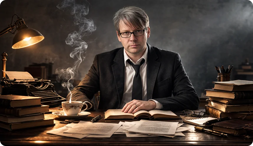Jerry Kuznik thriller author at vintage writing desk with typewriter books and coffee