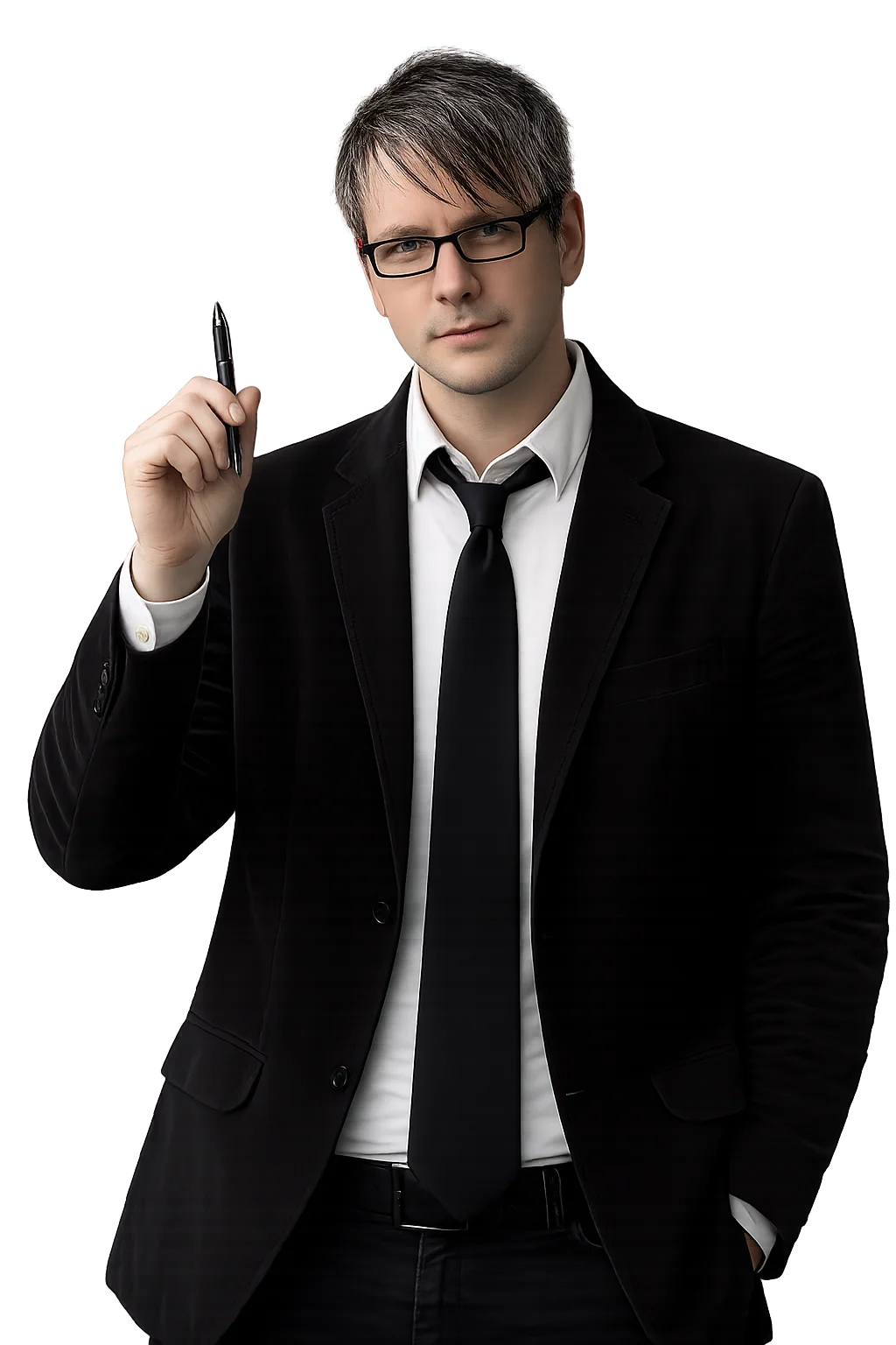 Jerry Kuznik bestselling thriller author professional headshot holding pen in black suit